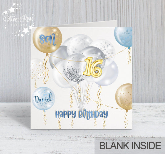Blue & Gold Effect Balloons Birthday Card, Son, 16th, Personalised Card