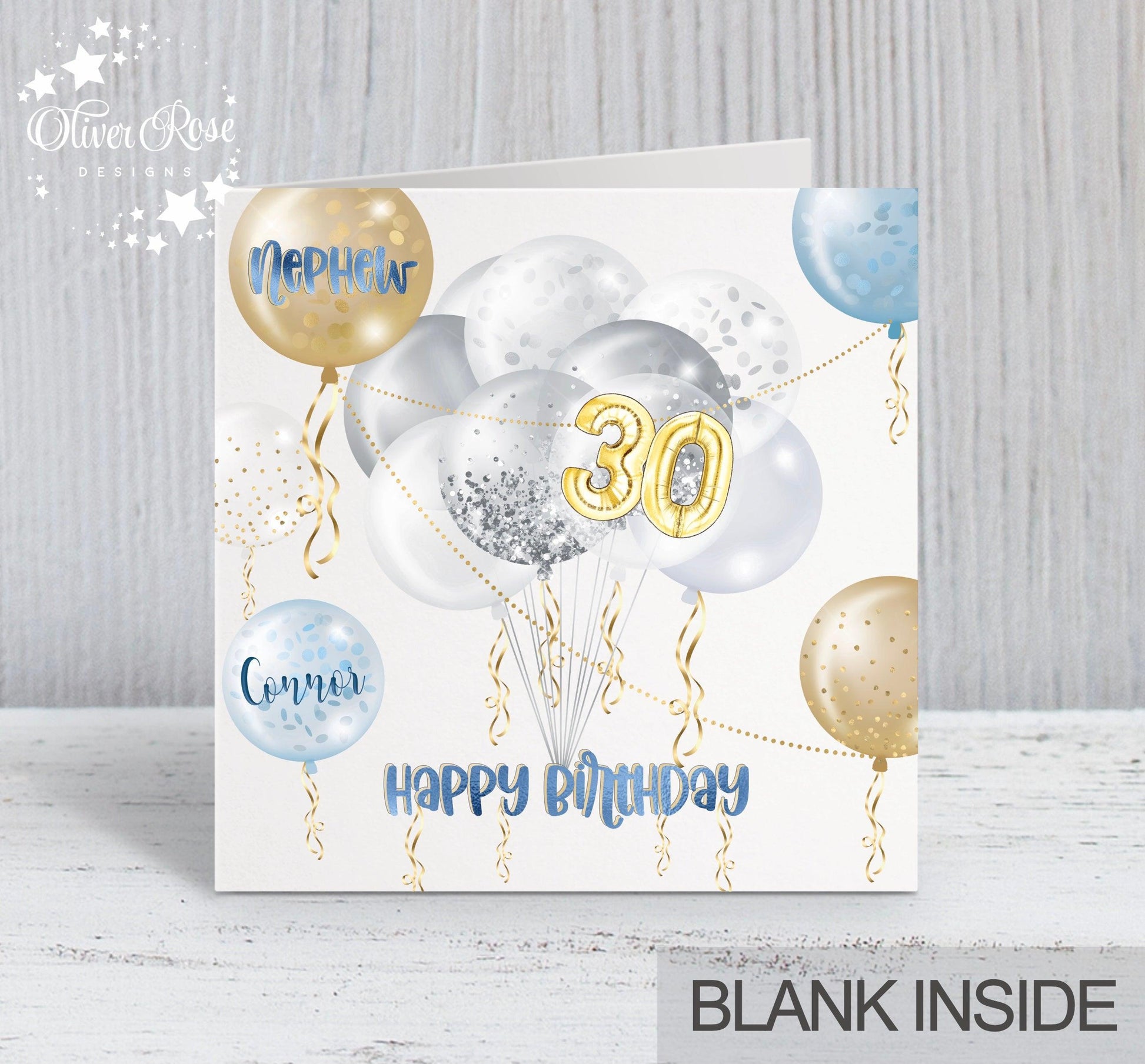Blue & Gold Effect Balloons Birthday Card, Nephew, 30th, Personalised Card