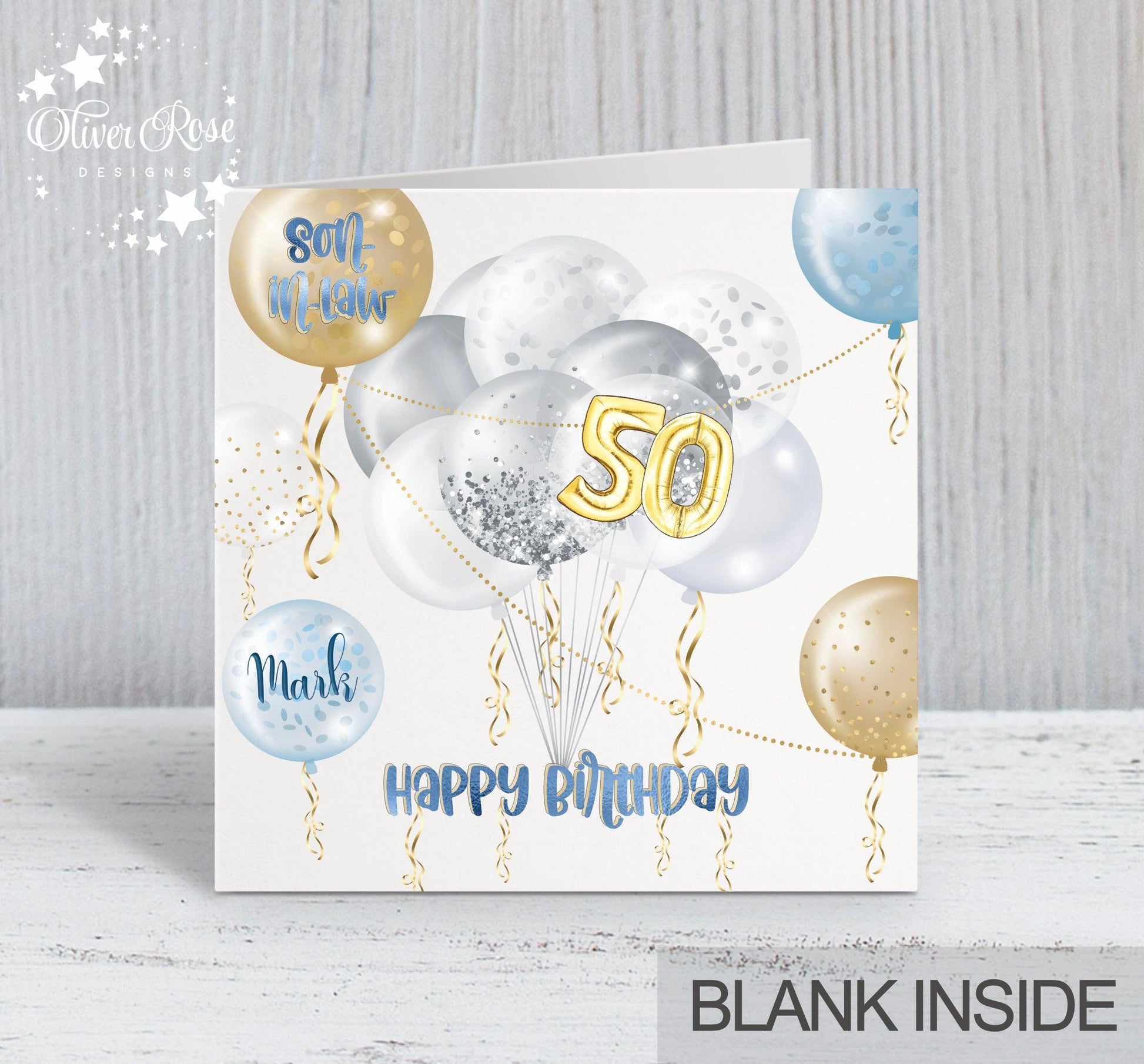 Blue & Gold Effect Balloons Birthday Card, Son-In-Law, 50th, Personalised Card