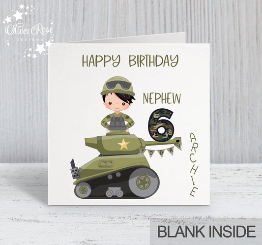 Boys Army Tank Theme Birthday Card (Boy A) Nephew 6th