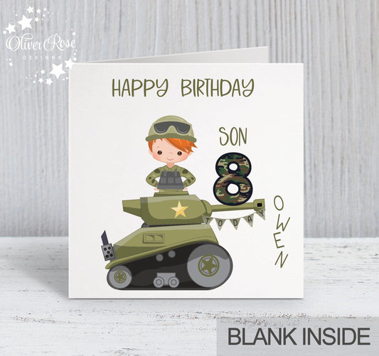 Boys Army Tank Theme Birthday Card (Boy C) Son 8th