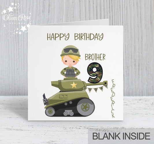 Boys Army Tank Theme Birthday Card (Boy E) Brother 9th