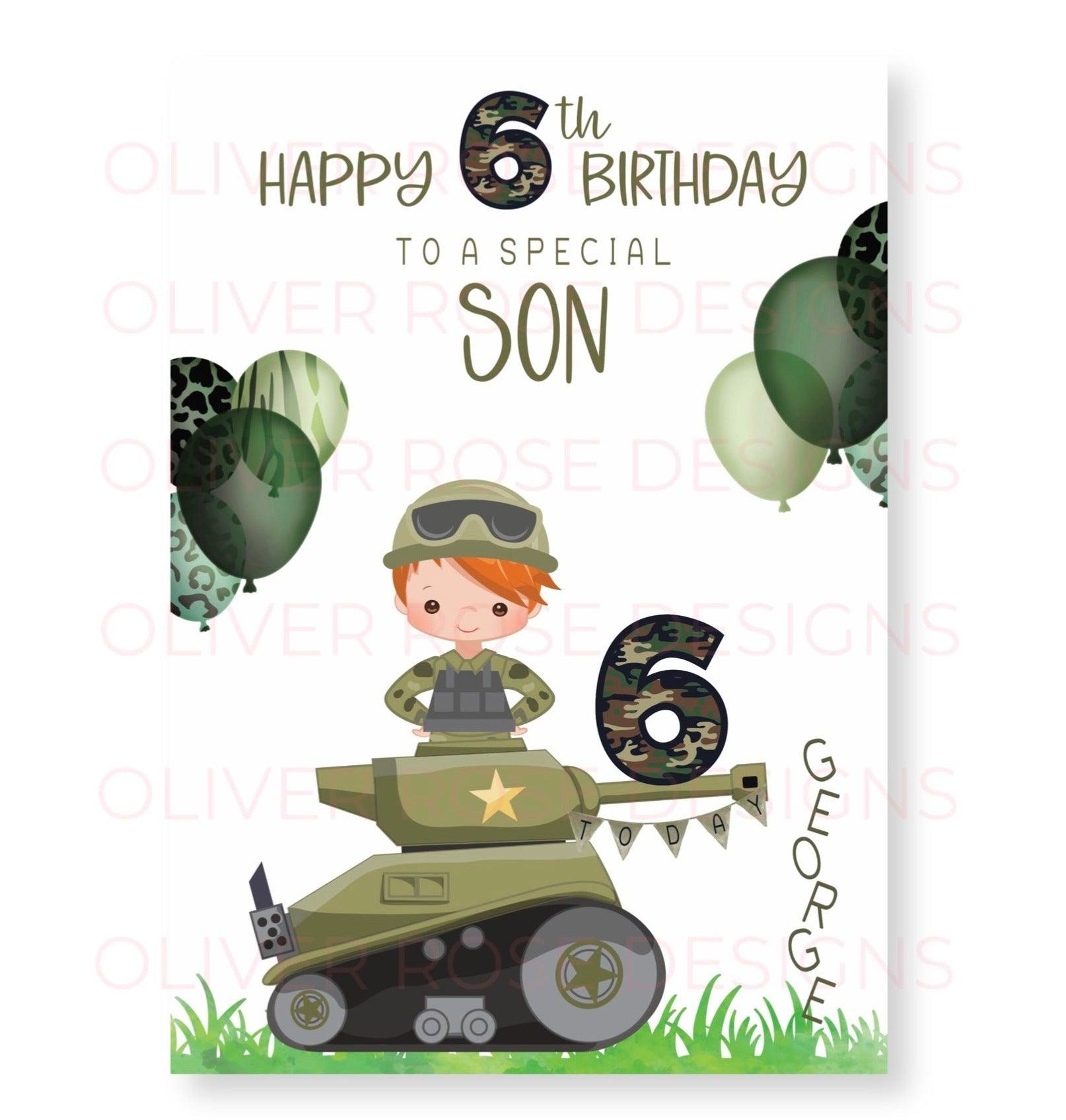 Boys Army Tank Camo Personalised Birthday Card | Red Ginger Hair | Any Age (Age 6th) | Any Relation (TO A SPECIAL SON) | Oliver Rose Designs