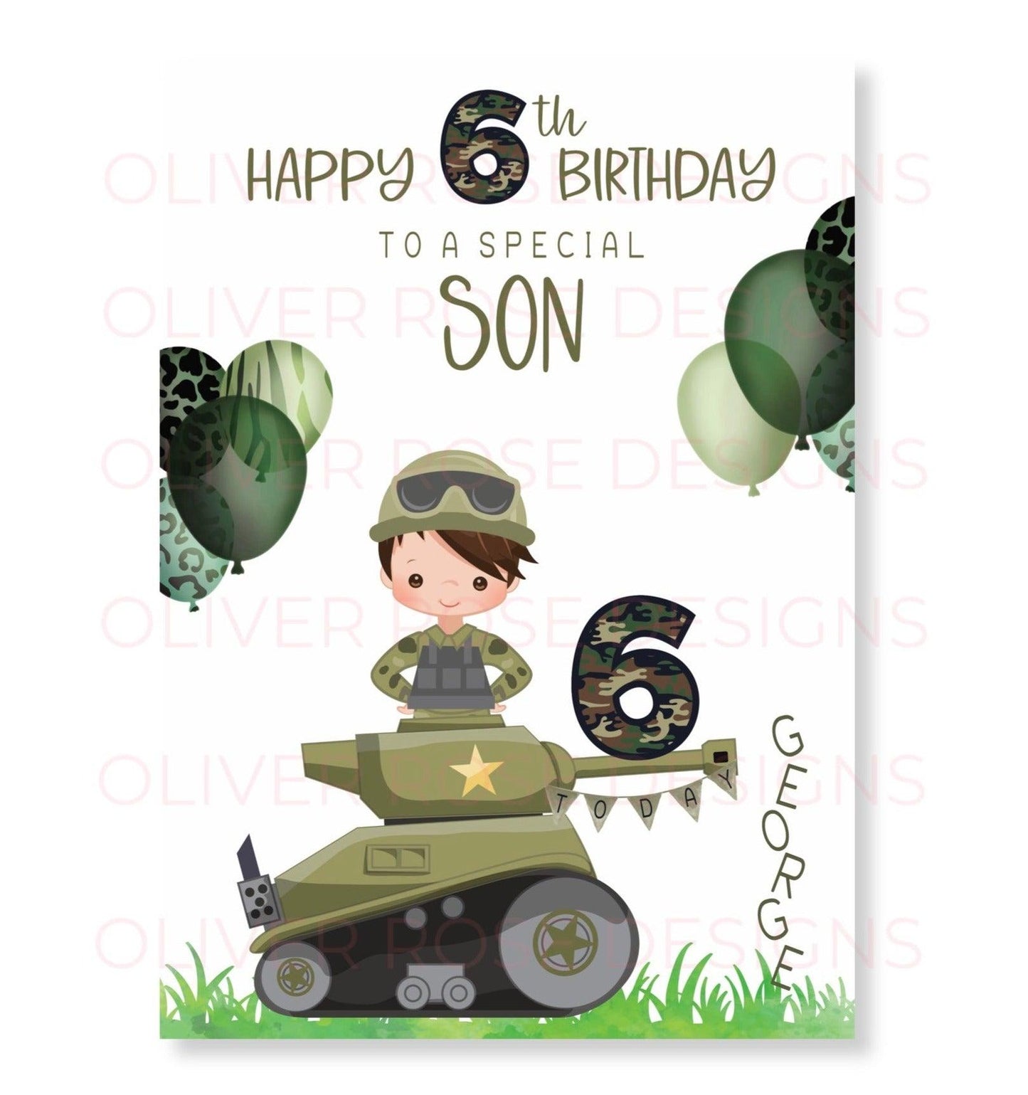 Boys Army Tank Camo Personalised Birthday Card | Brown Hair | Any Age (Age 8th) | Any Relation (TO A SPECIAL GRANDSON) | Oliver Rose Designs