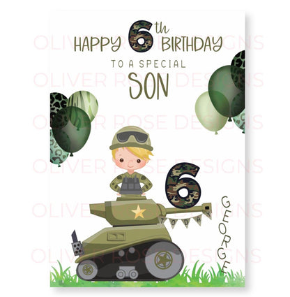 Boys Army Tank Personalised Birthday Card | Blonde Hair | Any Age (Age 6th) | Any Relation (TO A SPECIAL SON) | Oliver Rose Designs