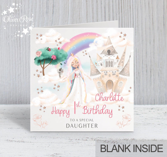 Dreamy Princess Castle Birthday Card, 1st Birthday Card, Daughter, Personalised
