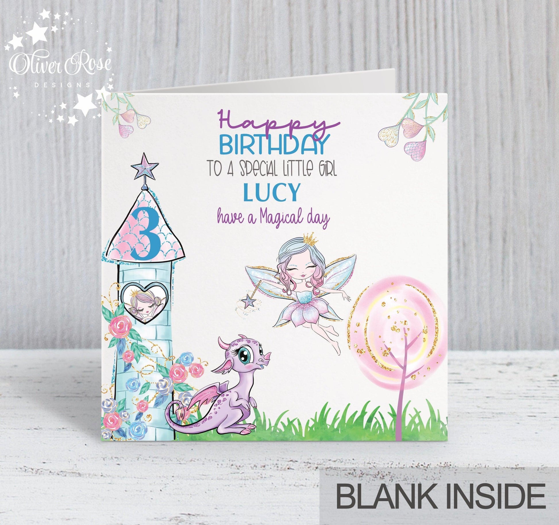 fairy dragon magical birthday card, 3rd Birthday Card, Fairies, Dragons, Magical Tower, Whimsical, Little Girl birthday card, Personalised birthday card,