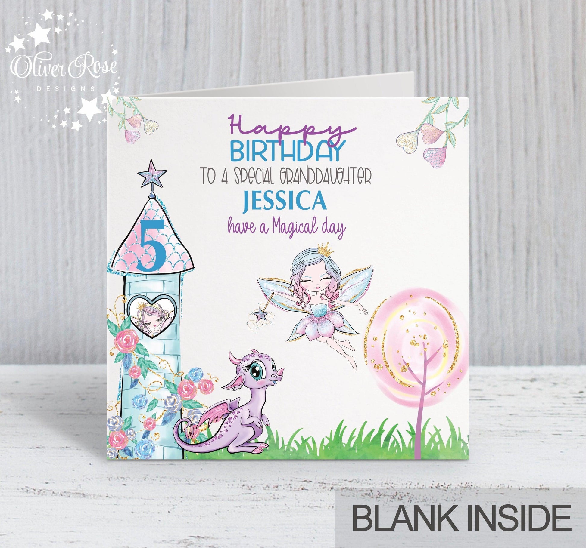 fairy dragon magical birthday card, 5th Birthday Card, Fairies, Dragons, Magical Tower, Whimsical, grand daughter birthday card, Personalised birthday card