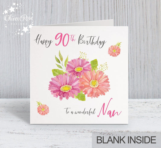 Floral Bouquet Birthday Card, Happy 90th Birthday, to a wonderful Nan, Gran, Grandma
