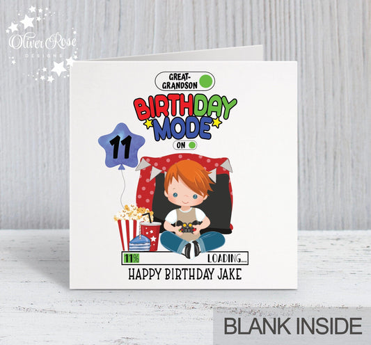 Gaming Gamer Theme Birthday Card, Boys, Personalised Card, 11th Birthday Card, Great-Grandson