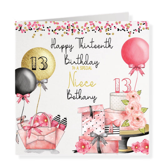 Glam Birthday Card, Pink, Black & Gold Effect, Any Age, 13th, Any Relation, To a Special Niece, Handbag, Perfume, Shoes, Flowers, Presents & Gifts, Birthday Cake, Balloons & Confetti, Personalised [SKU: BDAYGLAM]  