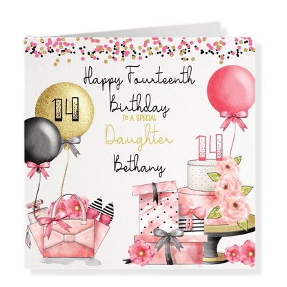 Glam Birthday Card, Pink, Black & Gold Effect, Any Age, 14th, Any Relation, To a Special Daughter, Handbag, Perfume, Shoes, Flowers, Presents & Gifts, Birthday Cake, Balloons & Confetti, Personalised [SKU: BDAYGLAM]  