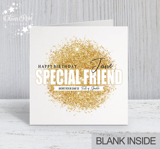 Gold Sparkle Effect Birthday Card, Special Friend, Happy Birthday Card, Personalised, Hope your day is full of sparkle