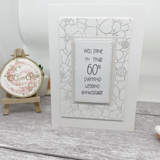 Well Done On Your 60th Diamond Wedding Anniversary Card, 5x7" Blank Inside, Handmade Silver Foiled Card