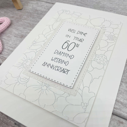 Well Done On Your 60th Diamond Wedding Anniversary Card, 5x7" Blank Inside, Handmade Silver Foiled Card