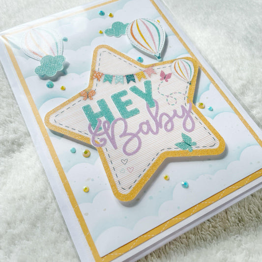 Handmade 5x7 inch ‘Hey Baby’ Glitter Pastels New Baby Card - Oliver Rose Designs
