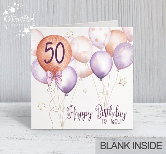 Lilac & Rose Gold Effect Balloons Birthday Card (5.75" Square) - Oliver Rose Designs