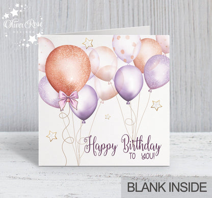 Lilac & Rose Gold Effect Balloons Birthday Card (5.75" Square) - Oliver Rose Designs