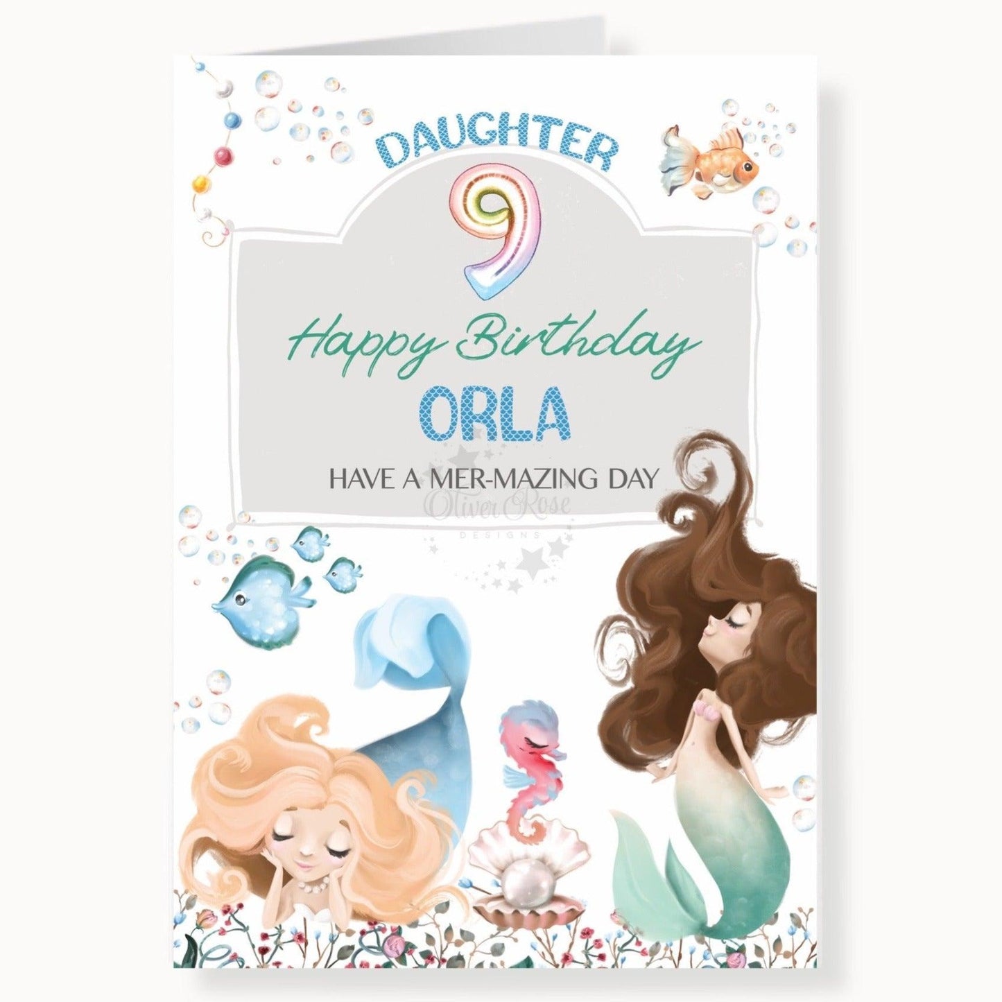 Daughter 9th Mermaid Birthday Card, blue & green, personalised with name, happy birthday, have a mer-mazing day