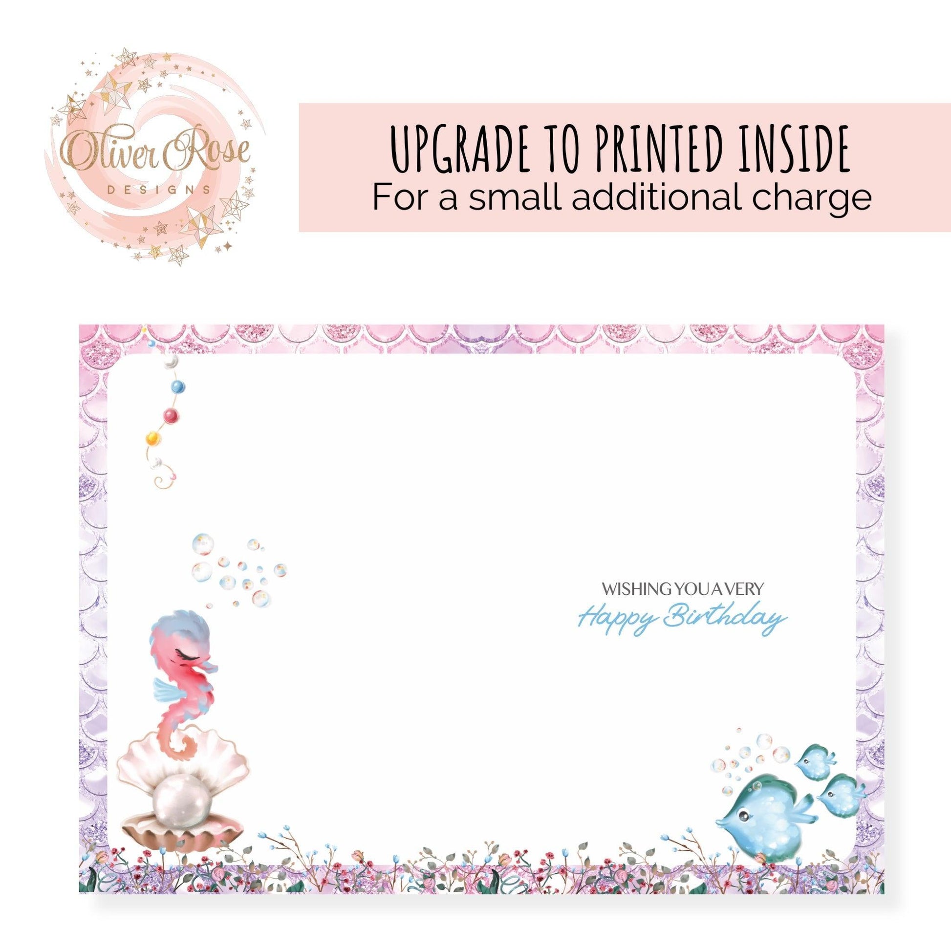 Mermaid Birthday Card printed inside upgrade, blue, green, pink, purple, wishing you a very happy birthday, featuring: seahorse, oyster with pearl & fishes, mermaid scales background, 