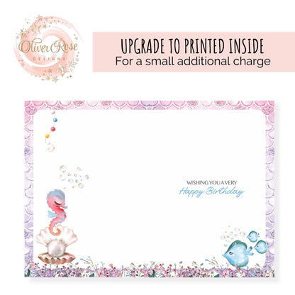 Mermaid Birthday Card printed inside upgrade, blue, green, pink, purple, wishing you a very happy birthday, featuring: seahorse, oyster with pearl & fishes, mermaid scales background, 