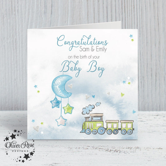Moon & Train, New Baby Boy Card (5.75" Square) (Blue) - Oliver Rose Designs