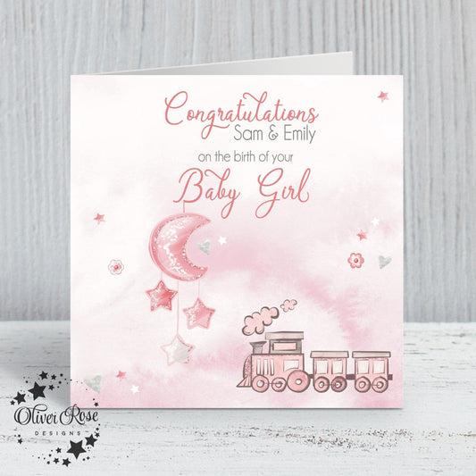 Moon & Train, New Baby Boy Card (5.75" Square) (Pink) - Oliver Rose Designs