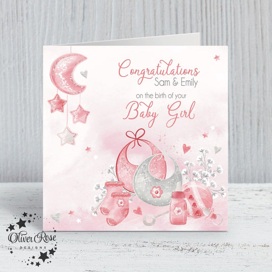 New Baby Girl Card (5.75" Square) (Pink) - Oliver Rose Designs