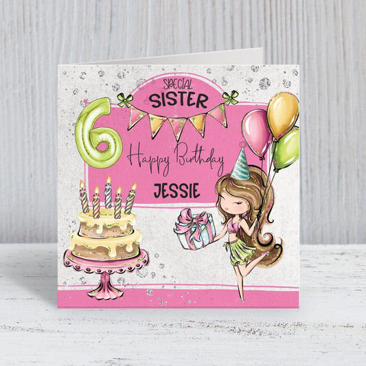 Pink & Green Girls Personalised Birthday Card, Birthday Balloons, Birthday Cake, Brown Highlighted Hair Girl, Birthday Banner, Any Age, Any Relation [Design B]