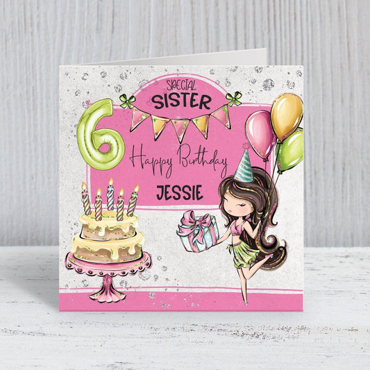 Pink & Green Girls Personalised Birthday Card, Birthday Balloons, Birthday Cake, Brown Hair Girl, Birthday Banner, Any Age, Any Relation [Design D]