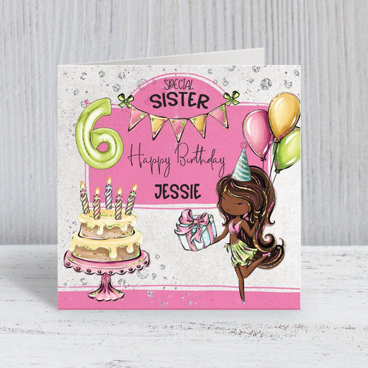 Pink & Green Girls Personalised Birthday Card, Birthday Balloons, Birthday Cake, Black Hair Girl, Birthday Banner, Any Age, Any Relation [Design E]