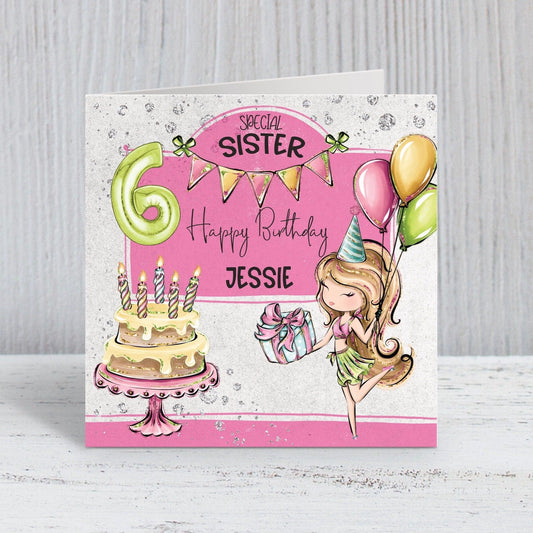 Pink & Green Girls Personalised Birthday Card, Birthday Balloons, Birthday Cake, Blonde Girl, Birthday Banner, Any Age, Any Relation