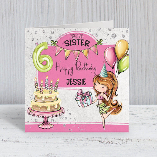 Pink & Green Girls Personalised Birthday Card, Birthday Balloons, Birthday Cake, Red/Blonde Girl, Birthday Banner, Any Age, Any Relation [Design C]