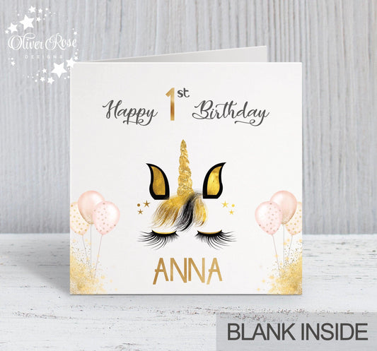 Black & Gold Effect Unicorn Birthday Card, Happy 1st Birthday Card, Personalised