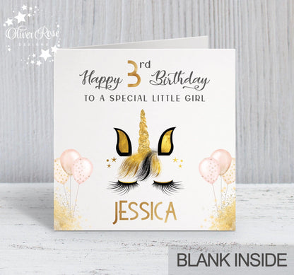 Black & Gold Effect Unicorn Birthday Card, Happy 3rd Birthday Card, Personalised
