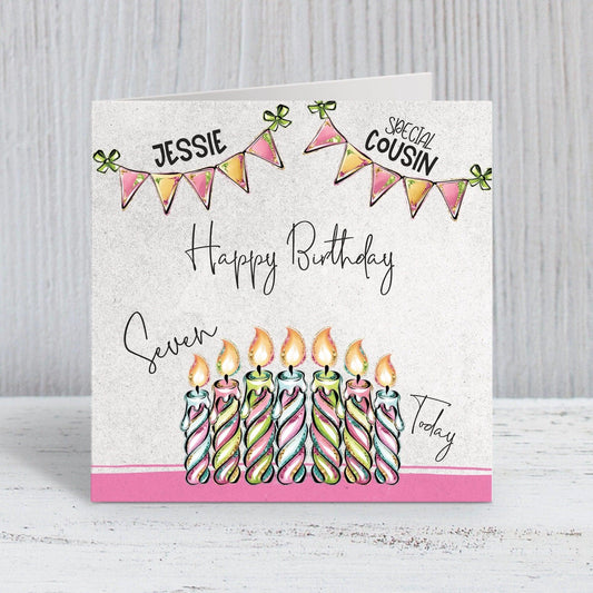 Personalised Birthday Card | Pastel Candles | Girls / Kid's Birthday Card, Happy Birthday, Special Cousin | Pink with Yellow, Blue & Green. Seven Today [Oliver Rose Designs]