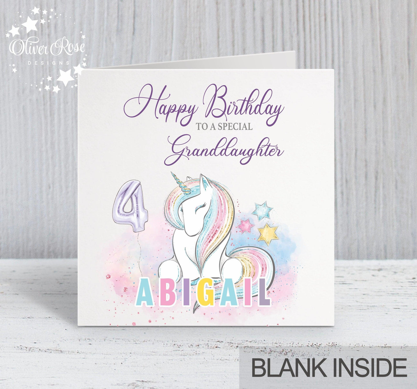 Shy Unicorn Birthday Card, Girls 4th Birthday Card, Unicorn 4th Birthday Card, Personalised 4th Birthday Card, Granddaughter 4th Birthday Card,