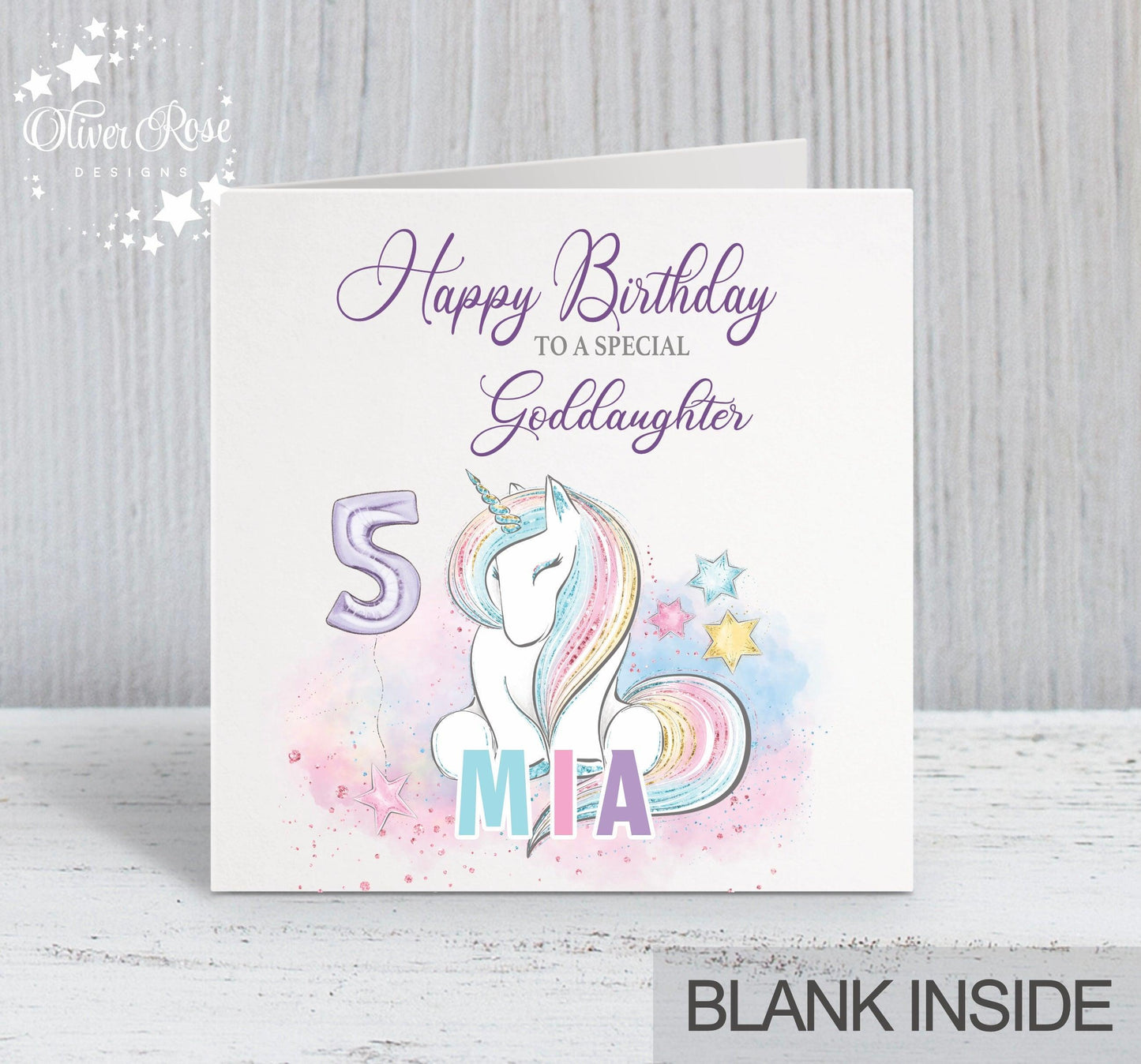 Shy Unicorn Birthday Card, Girls 5th Birthday Card, Unicorn 5th Birthday Card, Personalised 5th Birthday Card, Goddaughter 5th Birthday Card,