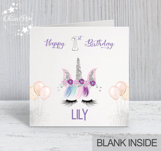 Personalised Birthday Card - Silver Effect Unicorn - Square - Oliver Rose Designs