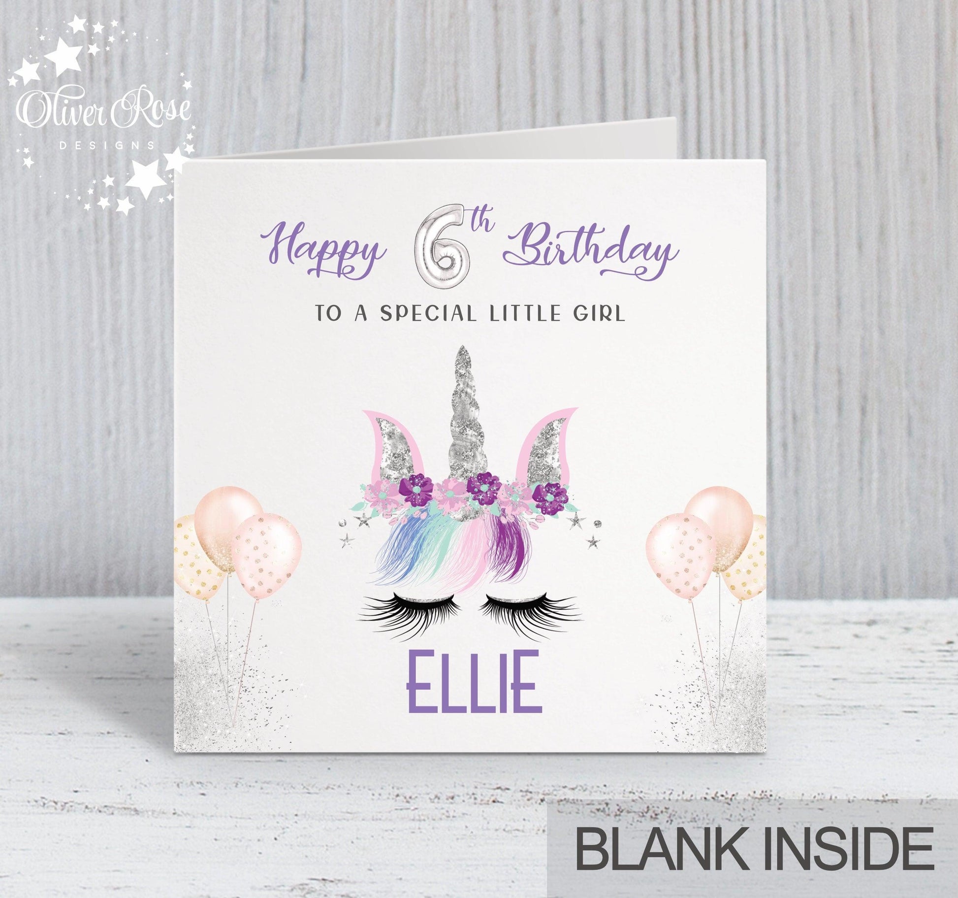 Personalised Birthday Card - Silver Effect Unicorn - Square - Oliver Rose Designs