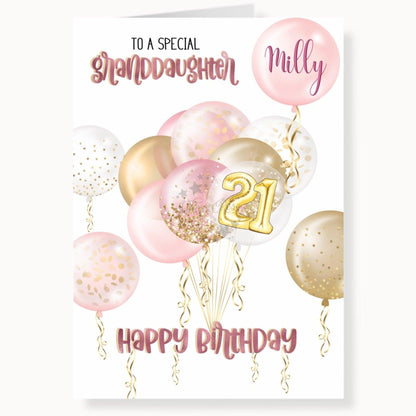 Pink & Gold effect balloons 21st birthday card, to a special granddaughter, SKU: BDAYPINKA5
