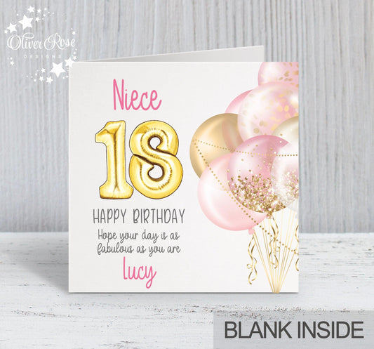 Pink Balloons 18th Birthday Card, Niece (Choose your age & relationship) personalise with a name. Hope your day is as fabulous as you are