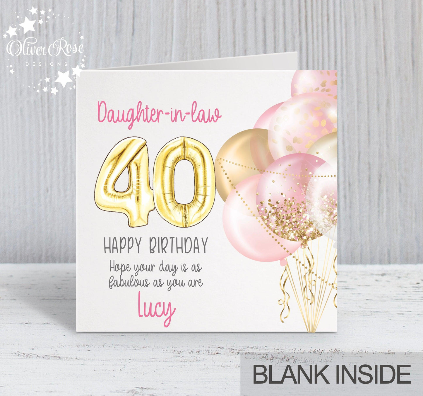 Pink Balloons 40th Birthday Card, Daughter-in-law (Choose your age & relationship) personalise with a name. Hope your day is as fabulous as you are