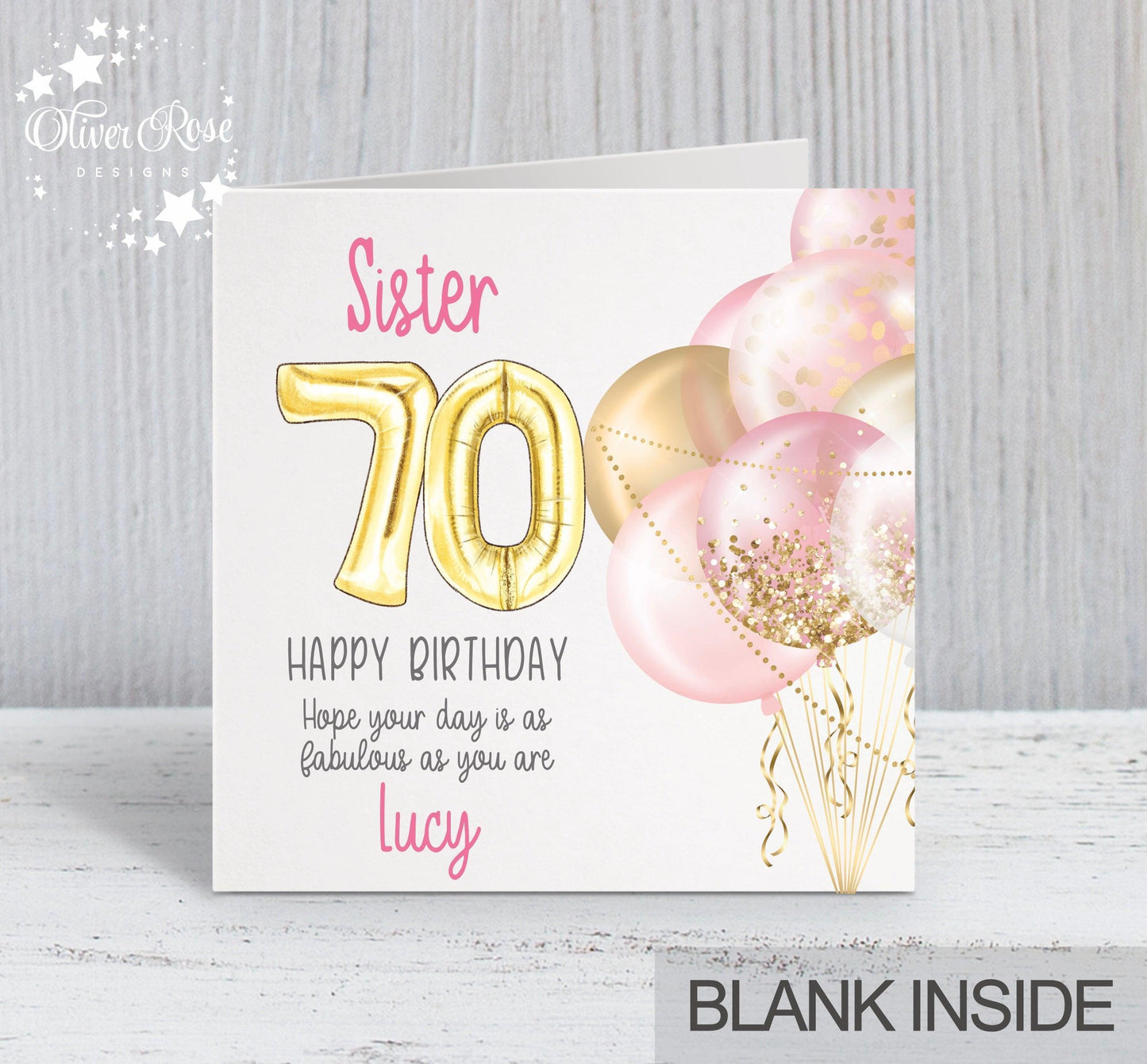 Pink Balloons 70th Birthday Card, Sister (Choose your age & relationship) personalise with a name. Hope your day is as fabulous as you are