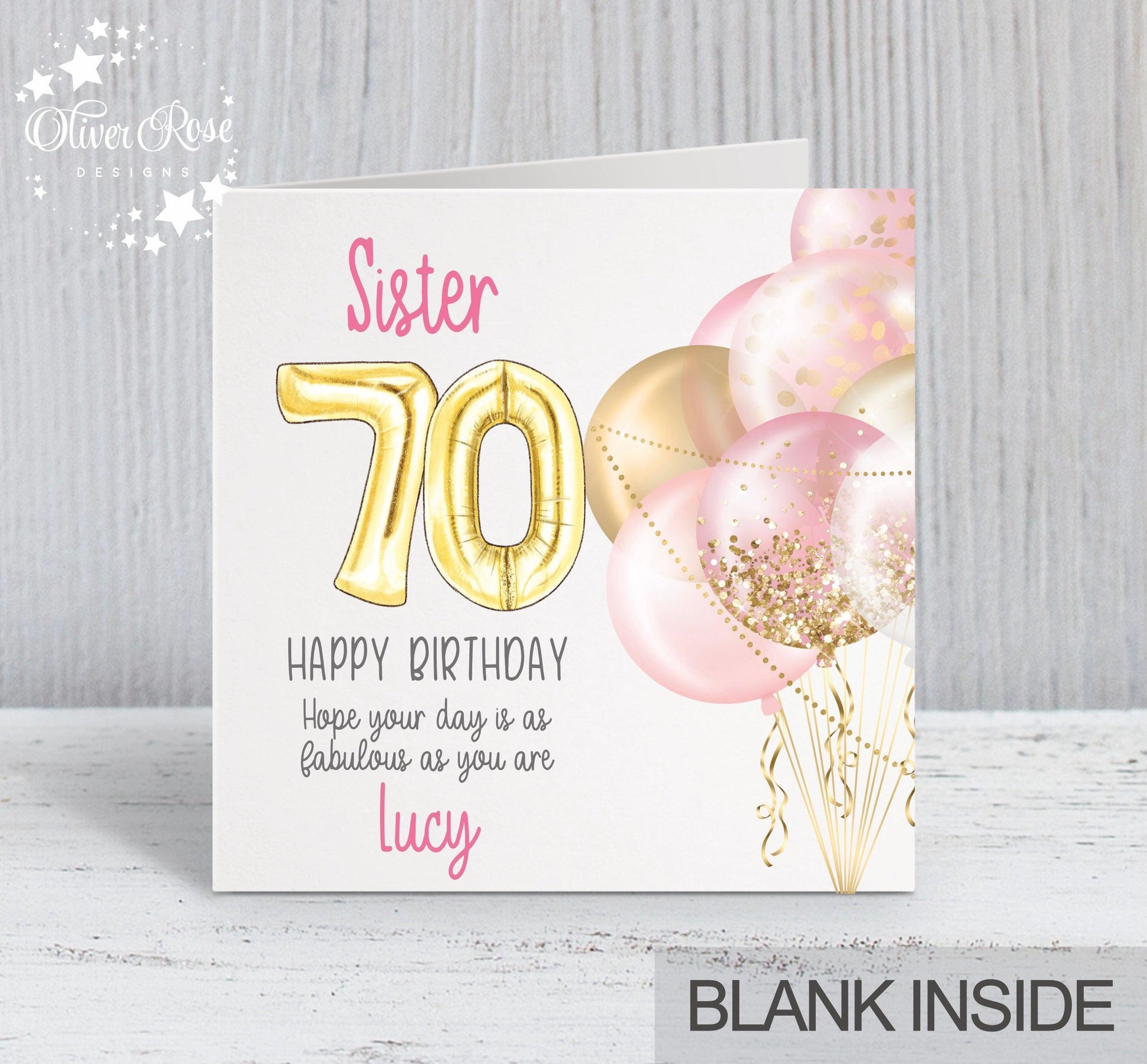 Pink Balloons 70th Birthday Card, Sister (Choose your age & relationship) personalise with a name. Hope your day is as fabulous as you are