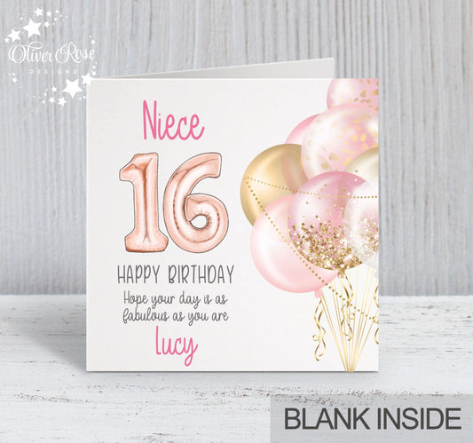 Pink Balloons 16th Birthday Card, Niece (Choose your age & relationship) personalise with a name. Hope your day is as fabulous as you are