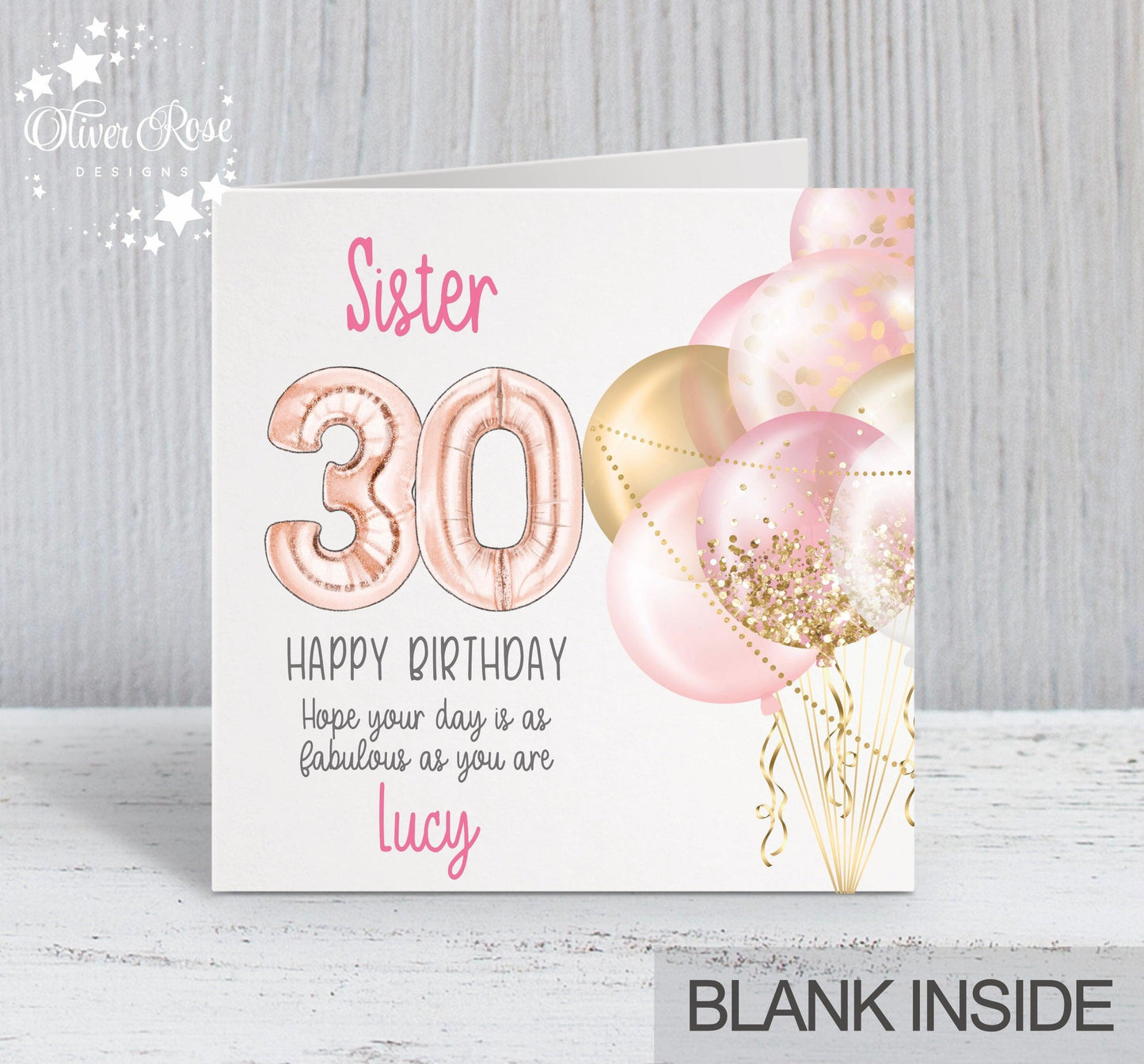 Pink Balloons 30th Birthday Card for Sister, personalise with a name (choose any relationship & age)