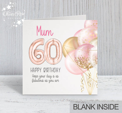Pink Balloons 60th Birthday Card for Mum, choose any age & relationship, personalise with a name