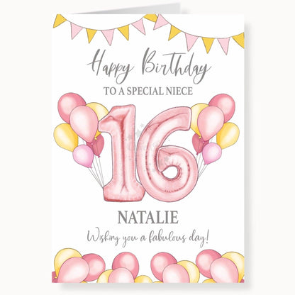 Pink & Yellow Balloons 16th Birthday Card for Niece, Personalised with name, wishing you a fabulous day, happy birthday card OLIVER ROSE DESIGNS