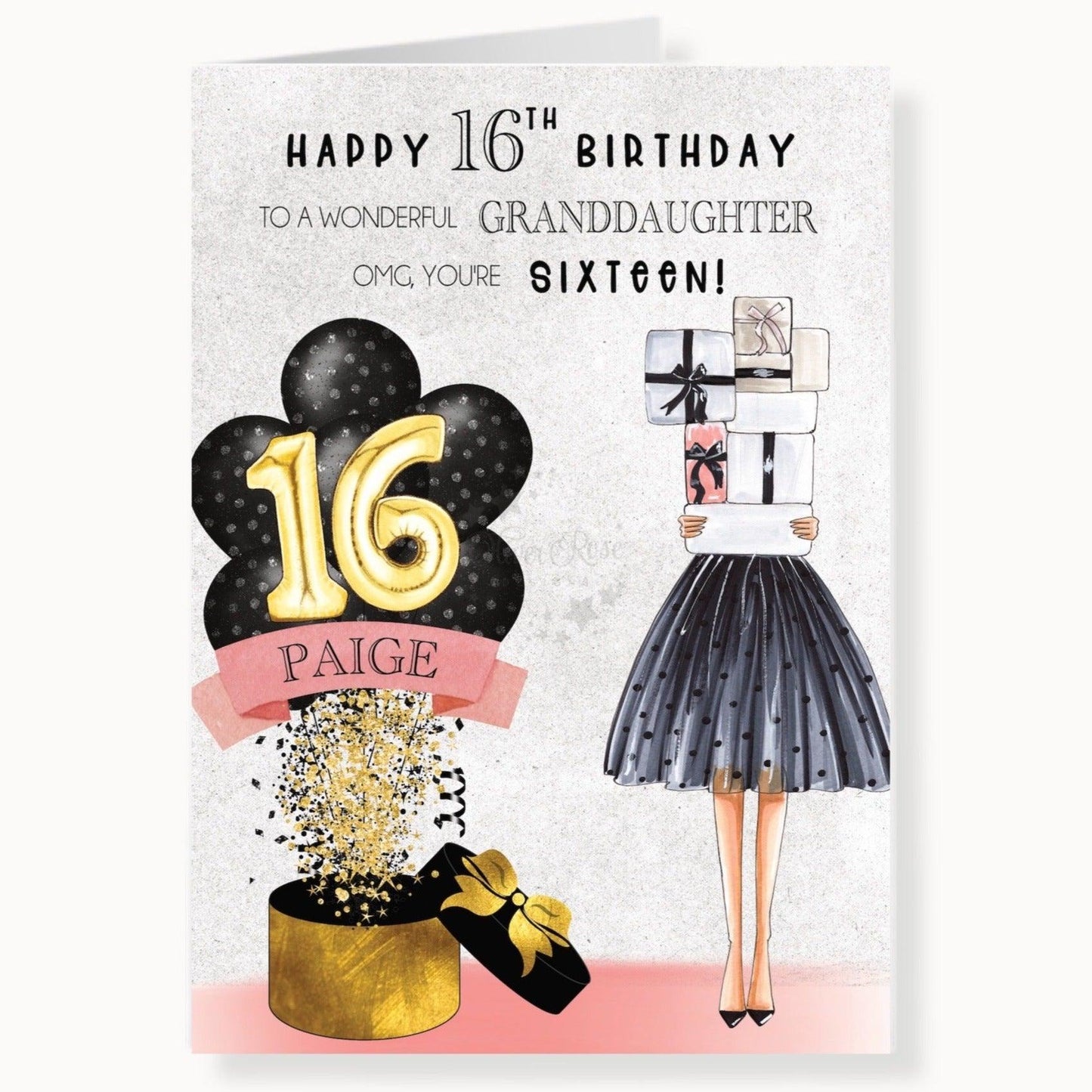 Polka Dot Balloons 16th Birthday Card, Personalised with Name of your choice, To A Wonderful Granddaughter, OMG You're Sixteen, Black Polka Dot Balloons with Girl holding gifts wearing a black polka dot skirt